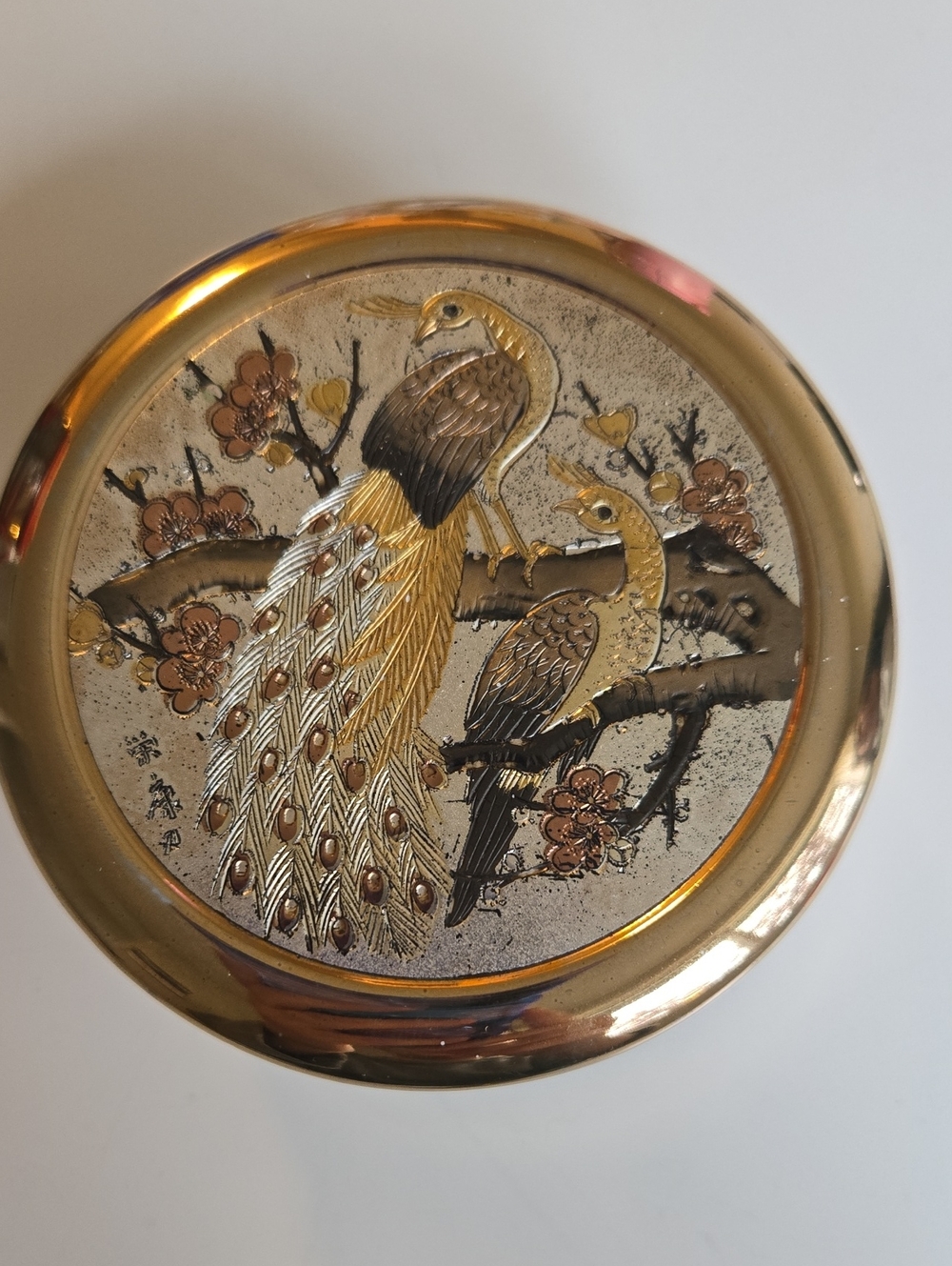 Gold, Copper, And Silver Chokin Peacock Decorative Trinket Dish